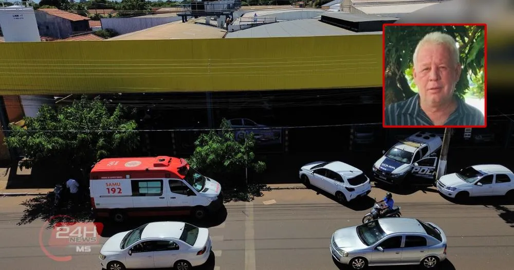 Equipes do Samu e Polícia Militar no local onde trabalhador de 69 anos morreu após cair do telhado de um supermercado no bairro Santos Dumont, em Três Lagoas (Foto - Eliton Chaves / 24h News MS)
