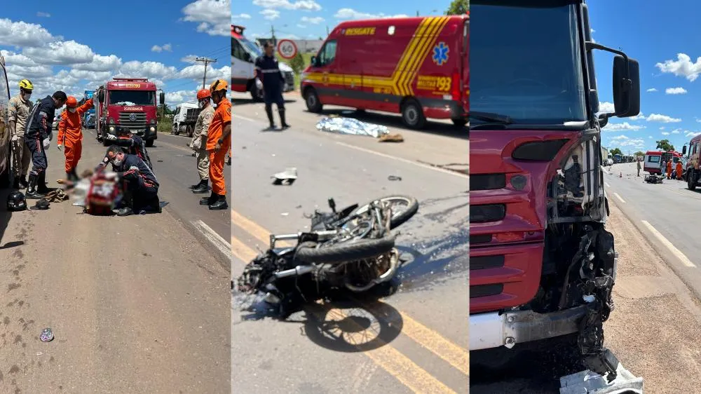 Colisão frontal entre motocicleta e carreta deixou uma vítima fatal na BR-262, nas proximidades do Posto Real em Três Lagoas. (Eliton Chaves / 24h News MS)