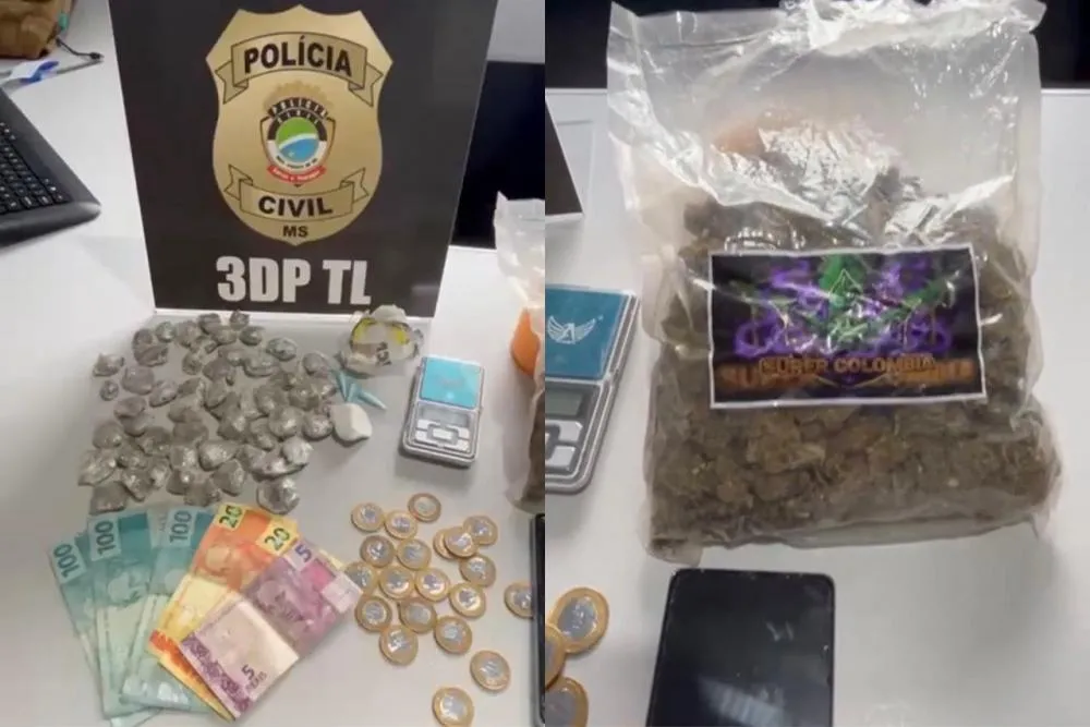 Drogas e materiais para embalo apreendidos durante a ação da 3ª DP no bairro Novo Oeste. (Foto: Divulgação/Polícia Civil)