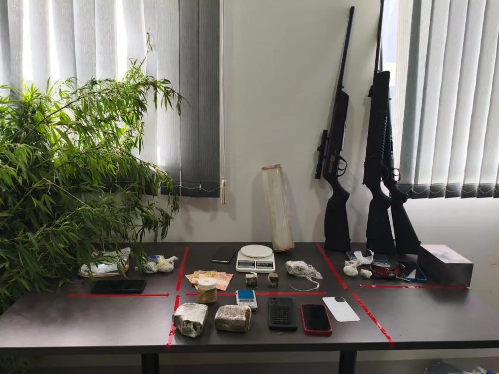 Armas, entorpecentes e valores apreendidos durante as buscas técnicas realizadas com apoio do Canil da Polícia Militar. (Foto: Divulgação / PCMS)