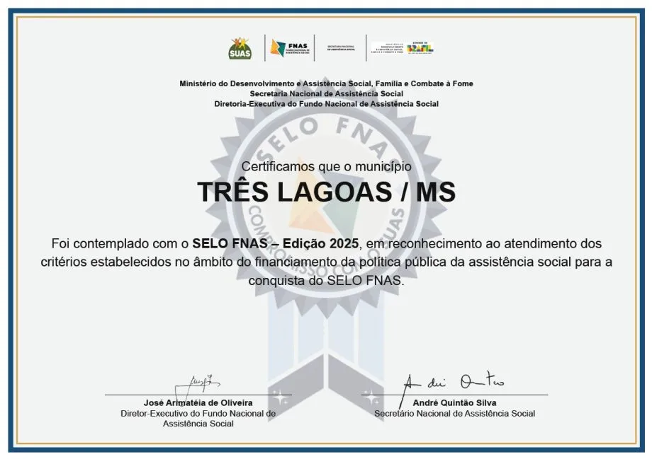 Prefeitura de Três Lagoas conquista Selo FNAS e se destaca na gestão da assistência social (Foto: divulgação / Prefeitura de Três Lagoas)