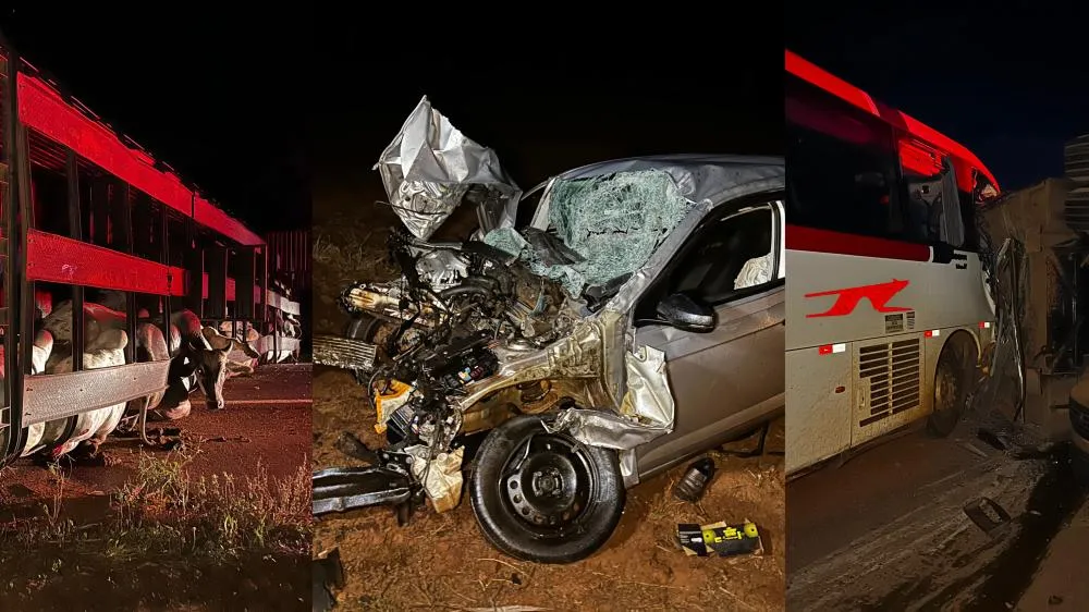Grave acidente envolvendo ônibus, carreta boiadeira e carro deixa motorista em estado gravíssimo na BR-262 em Três Lagoas