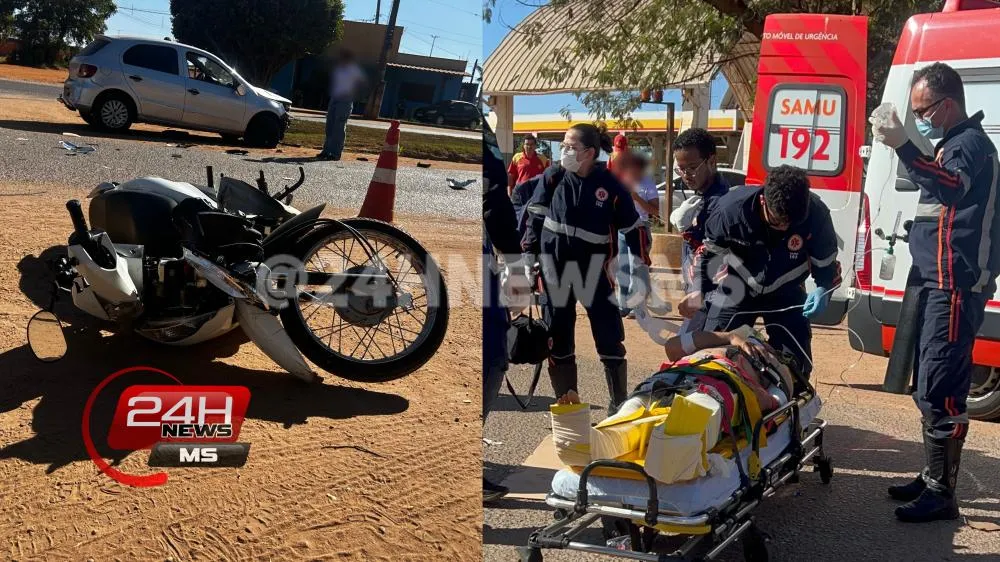 Motociclista é socorrido pelo SAMU em estado gravíssimo após colisão entre carro e moto em Três Lagoas