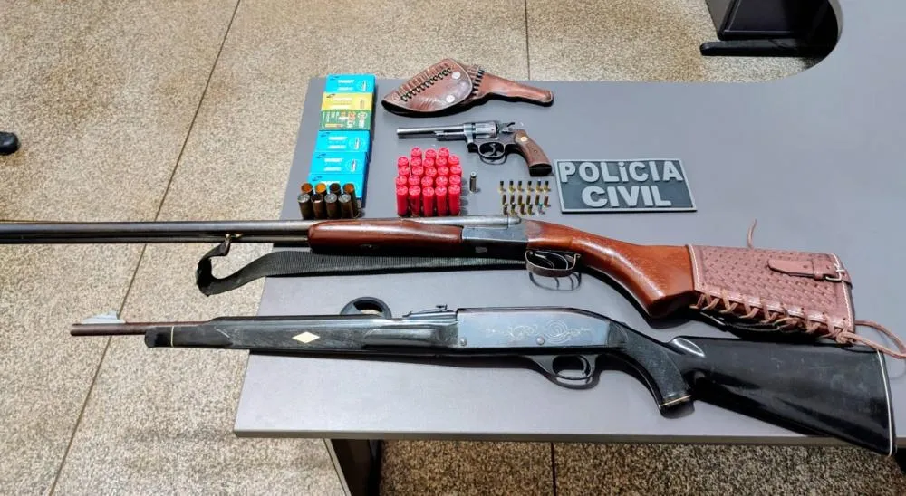 Três armas de fogo e 368 munições foram apreendidas pela DAM, durante atendimento à ocorrência de violência doméstica, em Três Lagoas. (Foto: Divulgação/Polícia Civil)