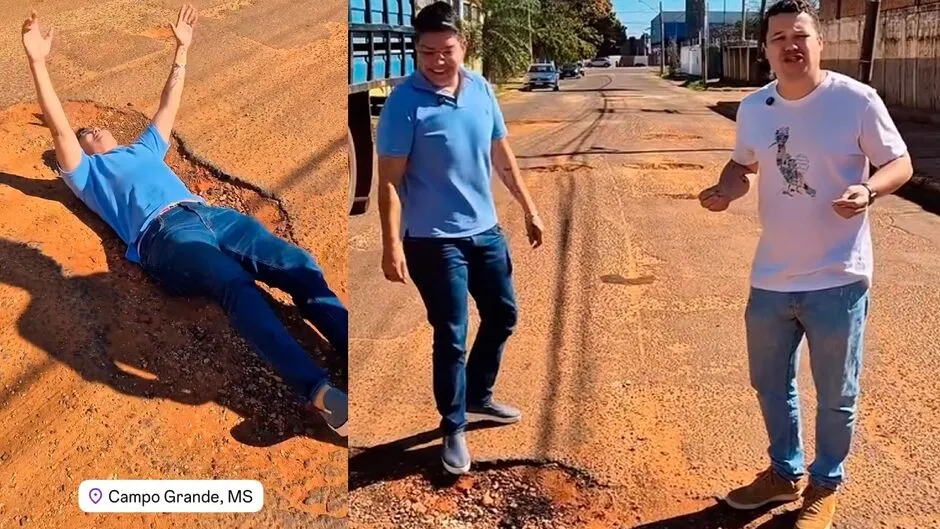 Isa Marcondes deita dentro de buraco e critica prefeitura de Campo Grande 