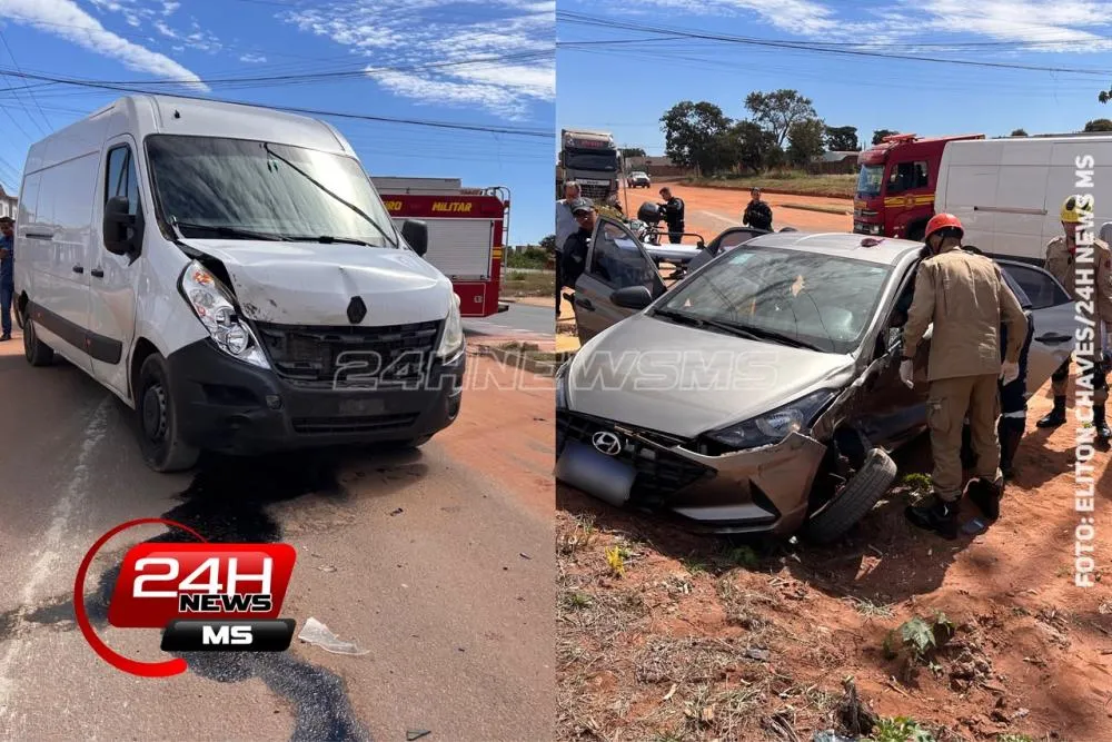 Colisão entre um HB20 e uma van mobilizou equipes do SAMU, Corpo de Bombeiros e Polícia Militar no Jardim Atenas, em Três Lagoas. (Foto: 24h News MS)
