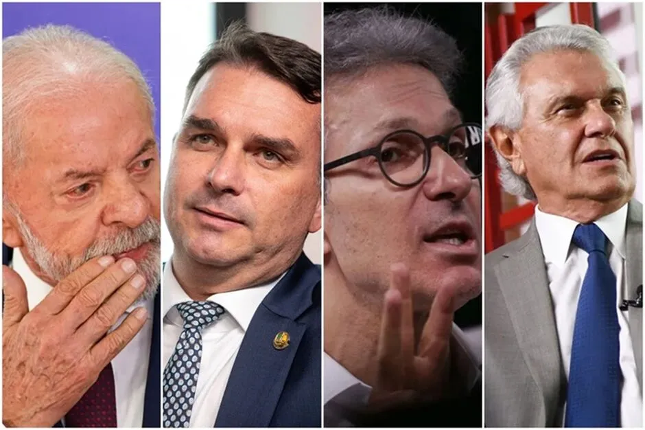 Pesquisa BTG/Nexus mostra Lula numericamente à frente, mas em empate técnico com Flávio Bolsonaro, Romeu Zema e Ronaldo Caiado nos cenários de segundo turno. (Foto: Vinícius Schimidt, Igo Estrela, Breno Esaki e Kebec Nogueira)