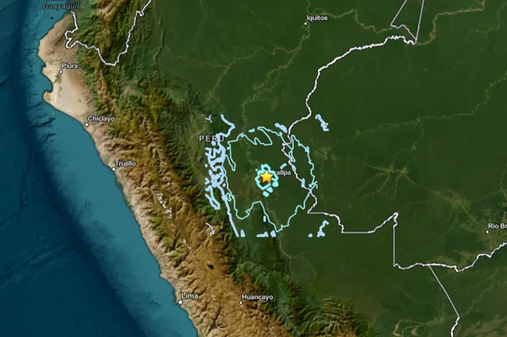Mapa do Serviço Geológico dos Estados Unidos mostra a região onde foi registrado o terremoto de magnitude 5,6 no leste do Peru. (Foto: Reprodução/USGS)