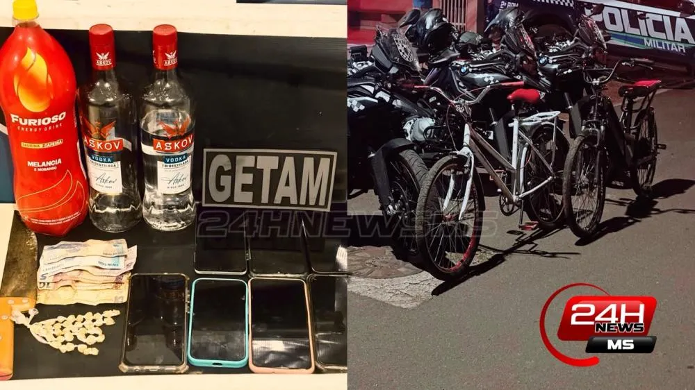 GETAM acaba com festa após denúncia de tráfico de drogas, prende 5, apreende drogas e recupera bicicleta roubada, outra furtada e celular furtado no Jardim das Violetas, em Três Lagoas