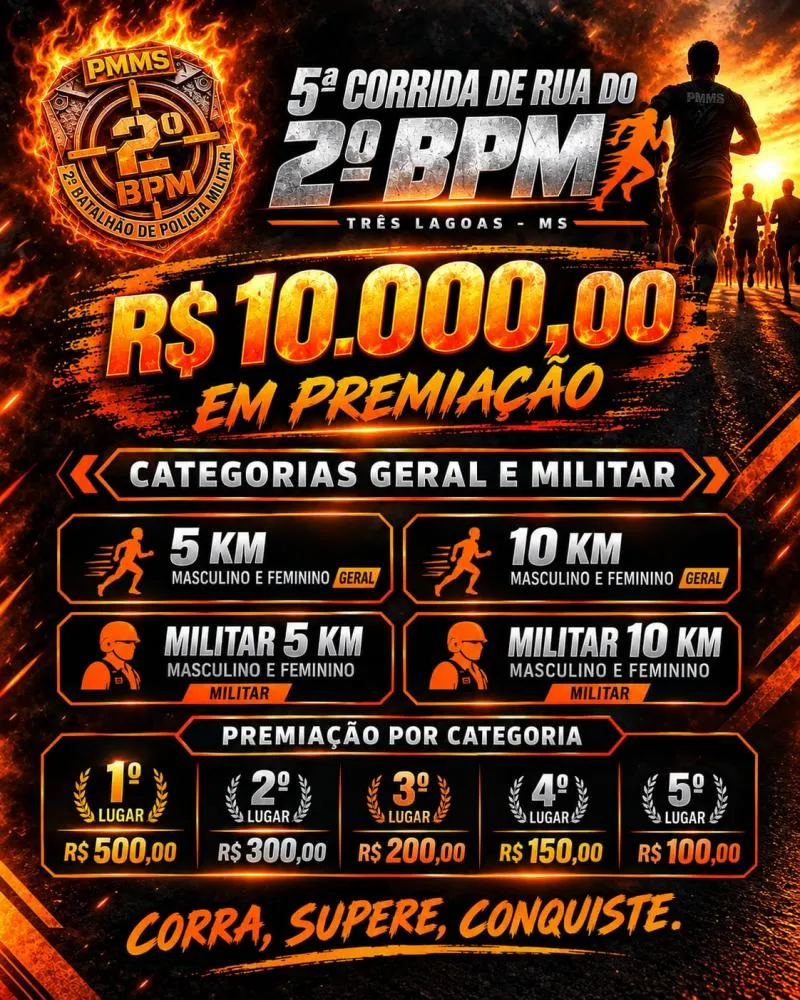 5ª Corrida de Rua do 2º BPM terá R$ 10 mil em premiação em Três Lagoas