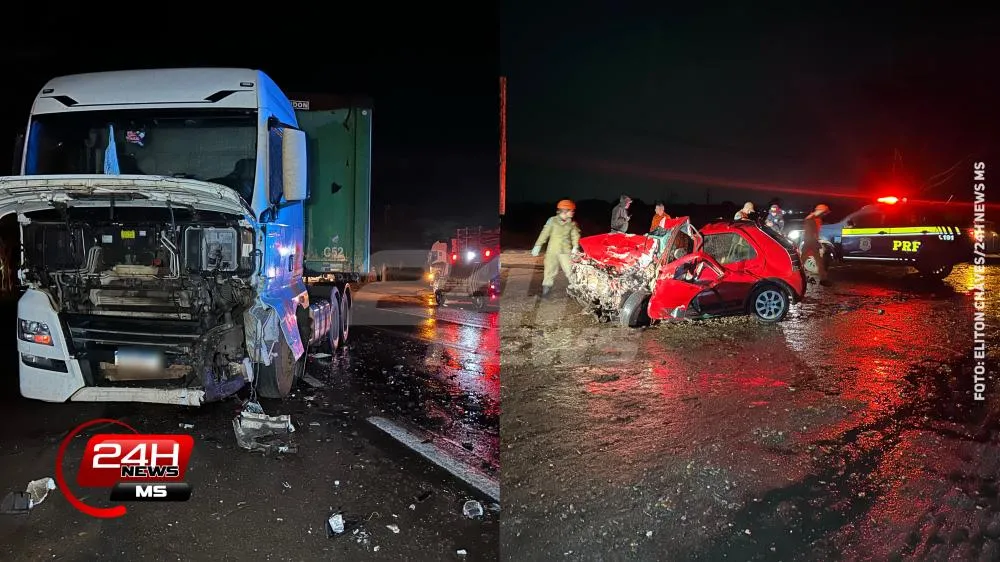 Colisão frontal entre carro e carreta termina com três homens mortos na BR-158, próximo à ponte do Rio Sucuriú, em Três Lagoas
