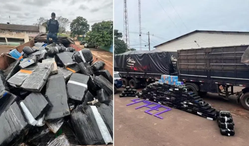 Polícia Militar apreende 2,5 toneladas de maconha e quase 120 kg de skunk em carreta carregada com couro bovino, em Mundo Novo (MS). (Foto: Reprodução)