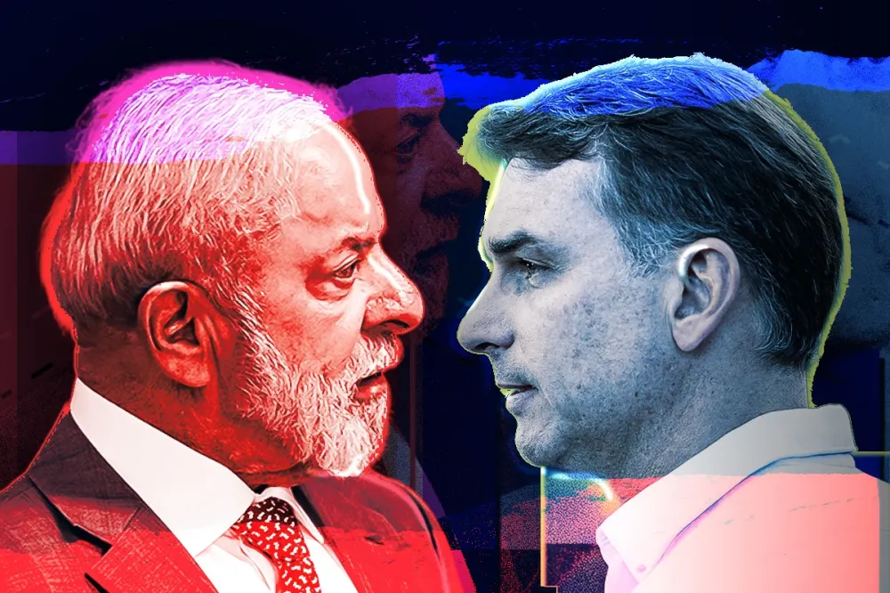 Lula recebeu aproximadamente 8,1 mil votos de presos provisórios, enquanto Flávio Bolsonaro somou 2,6 mil no primeiro turno das eleições de 2026. (Foto: Arte/Metrópoles)