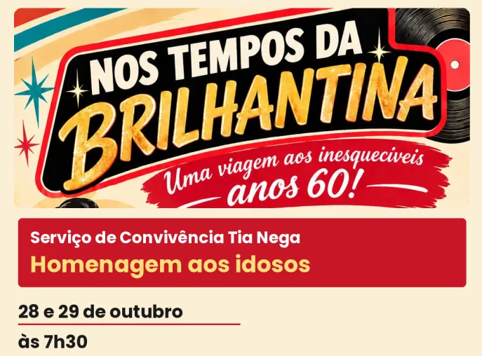 Evento ‘Nos Tempos da Brilhantina’ será realizado nos dias 28 e 29 de outubro, no Serviço de Convivência Tia Nega, em Três Lagoas. (Foto: Reprodução/Prefeitura de Três Lagoas)