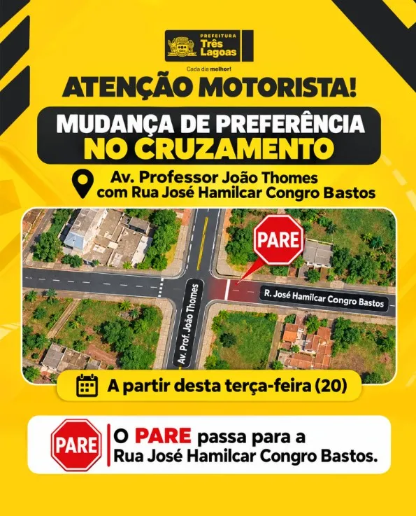 DEPTRAN altera sinalização de PARE em cruzamento de Três Lagoas nesta terça-feira (20)