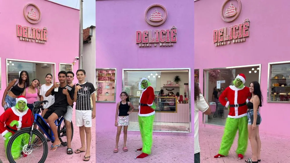 Com fantasia do Grinch, confeiteira conquista corações e promove alegria na cidade. (Imagem: Divulgação)