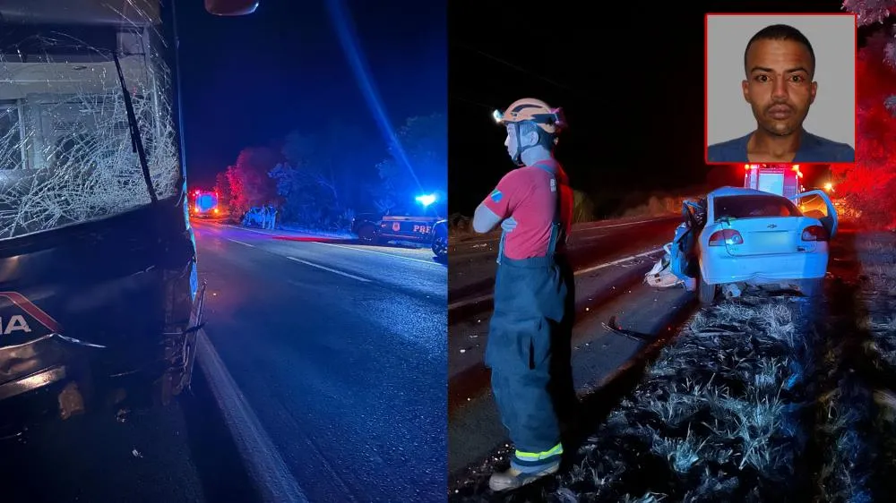 Local do acidente na BR-262, onde carro e ônibus colidiram frontalmente, resultando na morte de um morador de Aparecida do Taboado. (Imagem:Eliton Chaves / 24H News MS)
