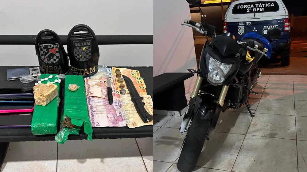 Material apreendido pela Força Tática e Getam durante prisão de casal por tráf1co de drog4s no bairro Vila Zuque, em Três Lagoas. (Imagem: Eliton Chaves / 24H News MS).