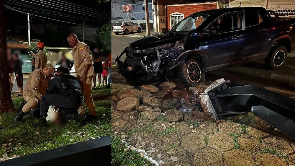 Semáforo foi derrubado após colisão provocada por motorista sob efeito de álcool, no Jardim Santo André, em Três Lagoas. (Imagem: Eliton Chaves / 24h News MS)