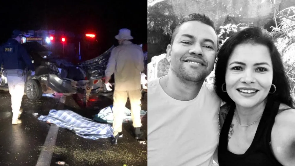 Cobalt ficou destruído após colisão com caminhonete na BR-262; casal morreu no local e a filha foi socorrida em estado grave. (Imagem: Divulgação | BM )
