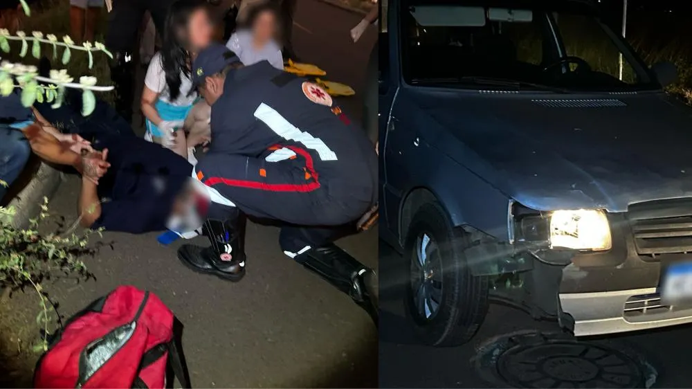 A vítima foi socorrida pelo SAMU com ferimentos no rosto e suspeita de fratura na perna após ser atropelado. (Imagem: Eliton Chaves / 24h News MS)