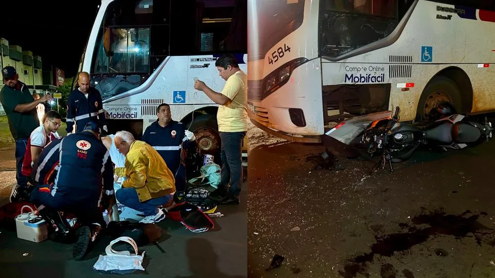 Equipe do SAMU realizou manobras intensas de reanimação após colisão entre motocicleta e ônibus; jovem foi entubado e levado ao Hospital Auxiliadora. (Imagem: Eliton Chaves / 24h News MS)