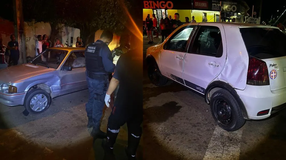 Fiat Pálio ficou tombado no meio da rua após bater em carro estacionado no Jardim Novo Aeroporto. (Foto - 24h News MS)