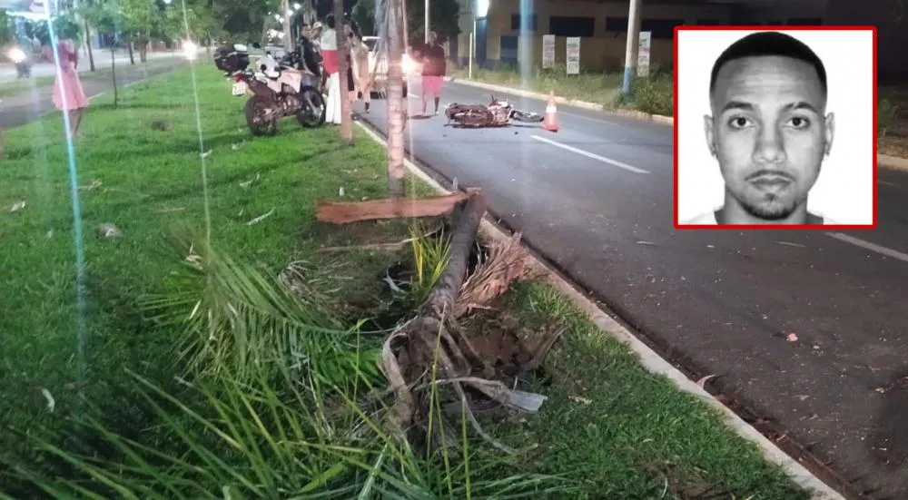 Kauan Bomfim de 18 anos, perdeu o controle da moto e bateu violentamente contra um coqueiro no canteiro central da Avenida Filinto Muller. (Foto - 24h News MS)