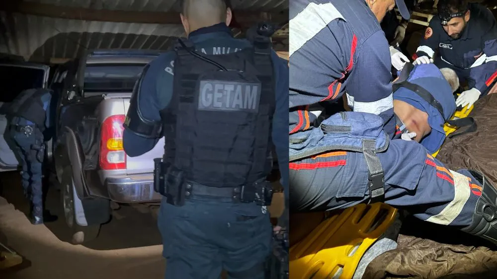 Caminhonete Hilux foi atingida por disparo que perfurou a lataria e atingiu o idoso no banco do motorista. (Foto - Eliton Chaves / 24h News MS)