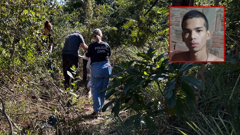 Local onde o corpo foi encontrado parcialmente enterrado; polícia e perícia realizaram os levantamentos. (Foto - Eliton Chaves / 24h News MS)
