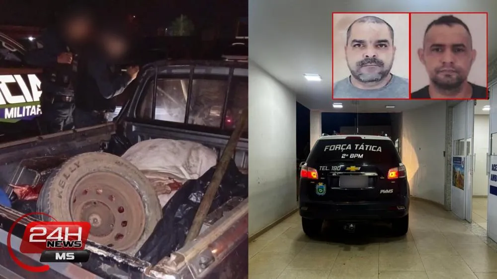 Espingardas, facas, chaira e a carne do boi abatido foram apreendidas pela PM, durante a ação que desmantelou a quadrilha de abigeato em Três Lagoas. (Fotos: 24h News MS)