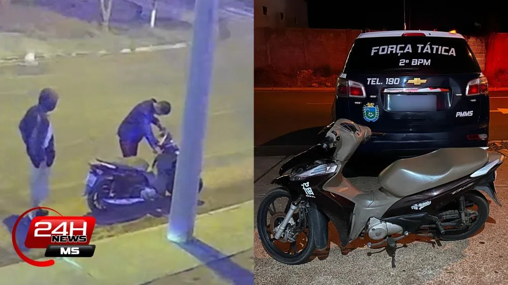 Motocicleta foi recuperada pela Força Tática e levada até a DEPAC (Foto: Eliton Chaves / 24h News MS)