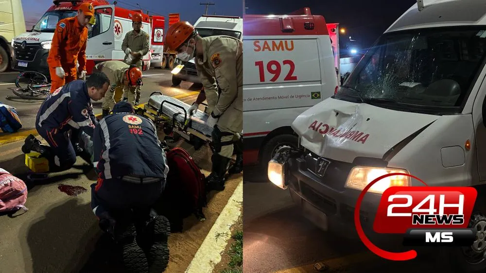 Jovem foi arremessada por cerca de 50 metros após ser atingida por ambulância na Avenida Ranulpho Marques Leal. (Foto: Eliton Chaves / 24h News MS)