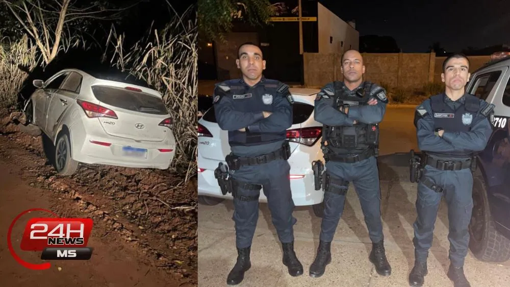 Carro foi encontrado com a frente danificada, próximo a uma área de mata no Cinturão Verde, próximo da Vila Piloto. (Foto - 24h News MS)