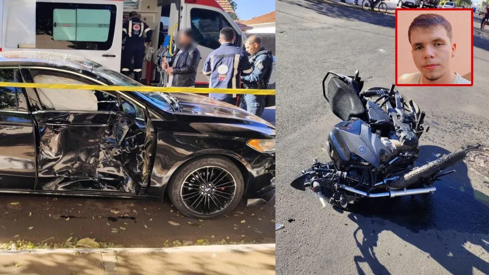 Motocicleta da vítima e carro envolvidos no acidente fatal no cruzamento da Olinto Mancini com a Rua Generoso Siqueira (Foto - 24h News MS)