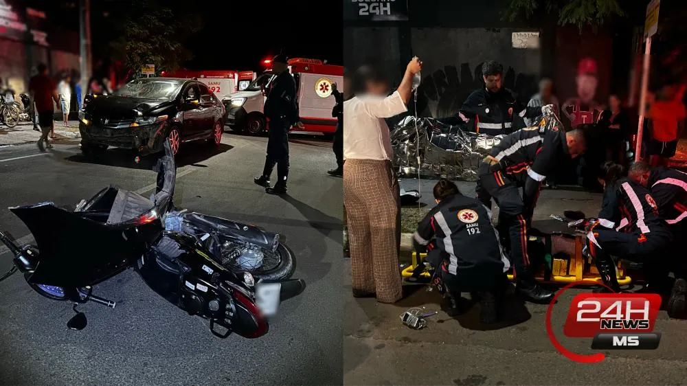 Moto da vítima foi arremessada a cerca de 20 metros do ponto inicial do acidente (Foto – Eliton Chaves / 24h News MS)