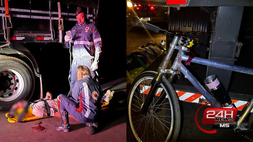 Ciclista foi socorrido pelo Samu após colisão com a traseira de carreta parada no Jardim Carandá (Foto – Eliton Chaves / 24h News MS)