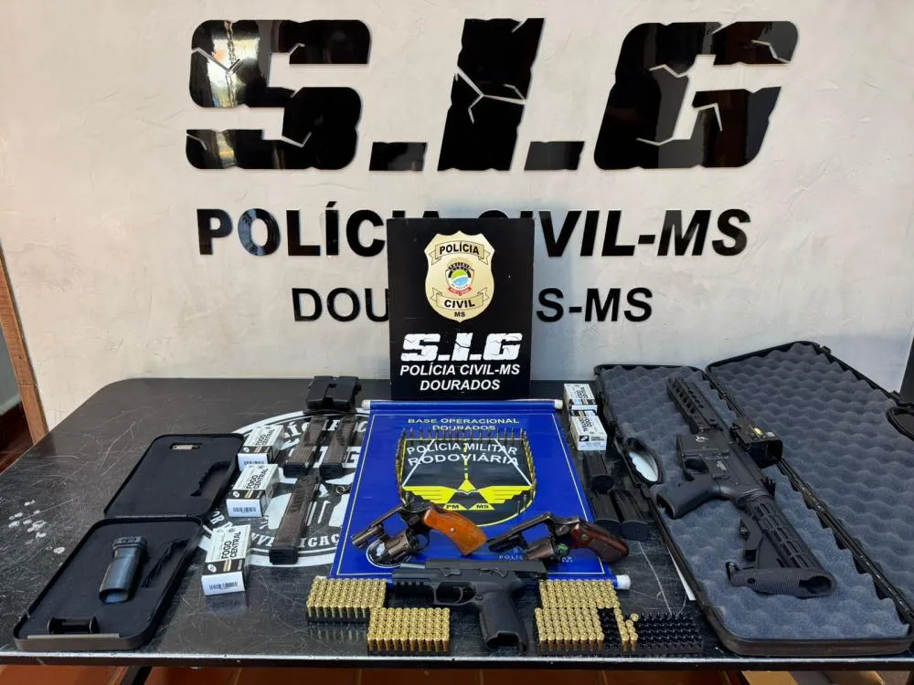 Arsenal apreendido com suspeito incluía armas longas e revólver com numeração raspada (Foto - Divulgação / Policia Civil)