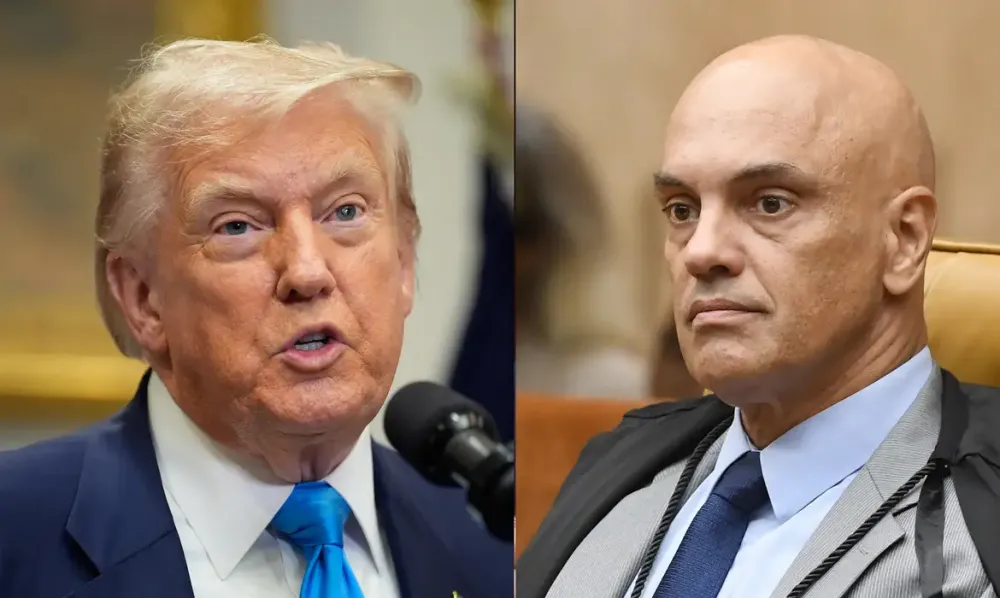 Donald Trump e o ministro Alexandre de Moraes foram citados no documento que embasa a nova tarifa (Foto - Reuters/STF)