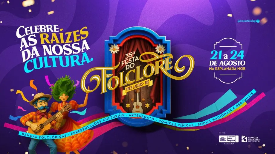 Cartaz oficial da 35ª Festa do Folclore anuncia programação cultural e shows nacionais em Três Lagoas (Foto - Prefeitura de Três Lagoas)
