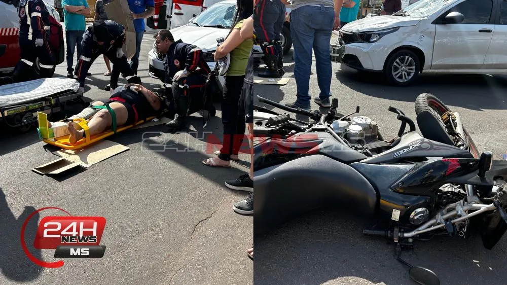 Motociclista ficou ferida após colisão com carro no cruzamento das avenidas Filinto Müller e Rosário Congro (Foto - Eliton Chaves / 24h News MS)