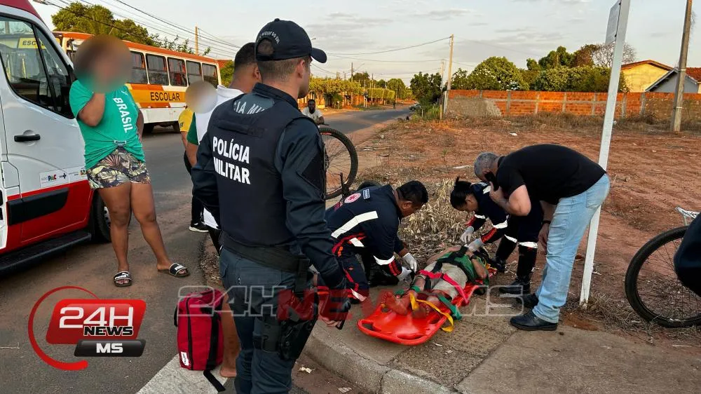 Criança de 11 anos perde freio da bicicleta, colide contra ônibus escolar e fica ferido no bairro Vila Nova em Três Lagoas