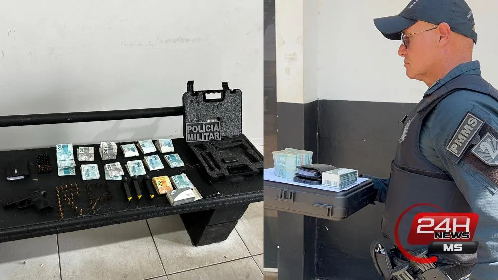Pistola, carregadores, munições e dinheiro apreendidos pela Rádio Patrulha no bairro Jupiá (Foto - Eliton Chaves / 24h News MS)