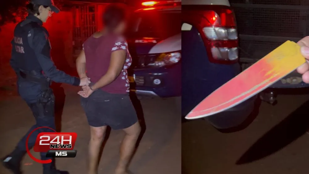 Momento da prisão da mulher que manteve o marido e os filhos reféns no bairro Vila Haro (Foto - Eliton Chaves / 24h News MS)