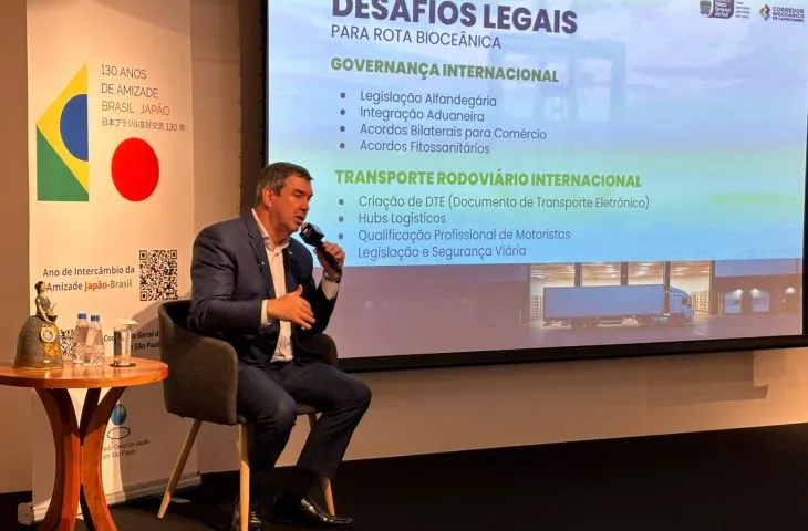 Governador Eduardo Riedel durante apresentação na Japan House São Paulo, onde destacou o papel estratégico da Rota Bioceânica (Foto – Secom MS)
