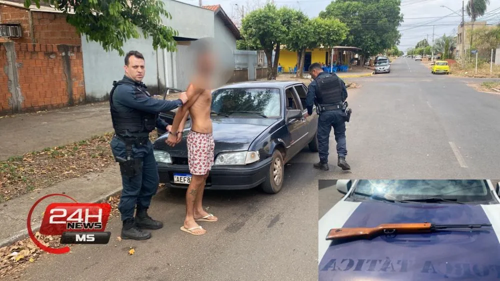 Espingarda artesanal adaptada e munições apreendidas após prisão por violência doméstica no Jardim Novo Aeroporto (Foto: 24h News MS)
