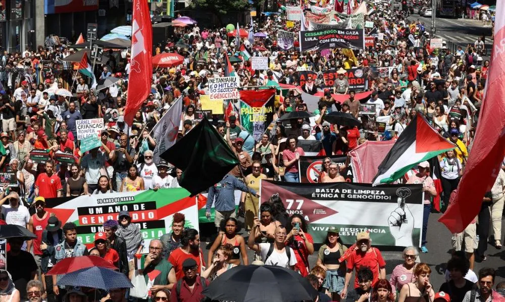 Manifestantes pró-Palestina pedem libertação de ativistas e medidas do Brasil durante ato na Avenida Paulista, em São Paulo (Foto - Rovena Rosa/Agência Brasil)