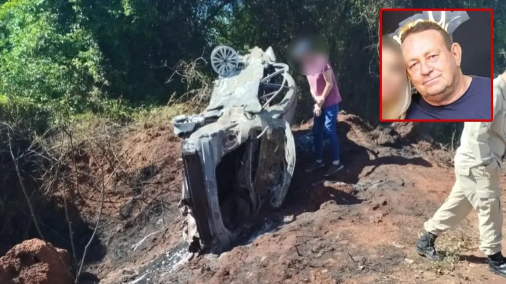 Corpo de Celso Aparecido Alves de Freitas de 57 anos, foi encontrado carbonizado dentro do veículo após capotamento na BR-158 (Foto – 24h News MS)