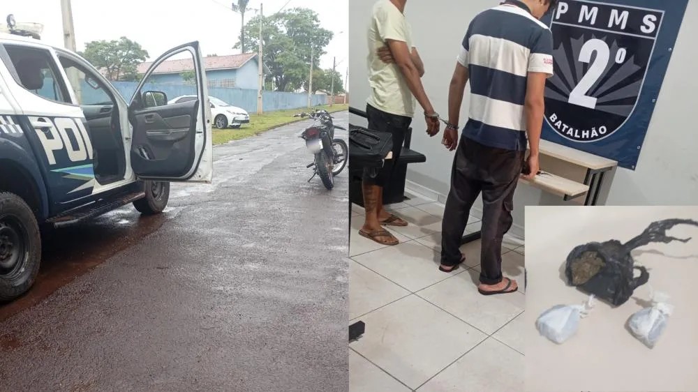 Dupla foi abordada durante rondas, um tinha mandado de prisão e o outro estava com maconha. (Foto: 24h News MS)