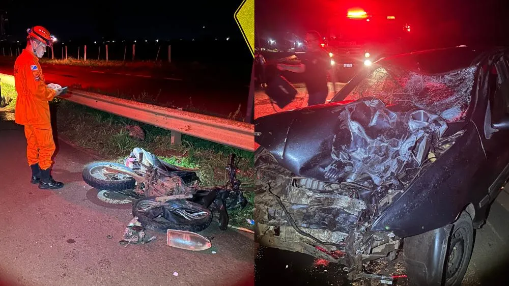 Duas pessoas morrem após colisão frontal entre carro e moto no Anel Viário Samir Thomé, trecho da BR-158, em Três Lagoas (Foto – Eliton Chaves - 24h News MS)